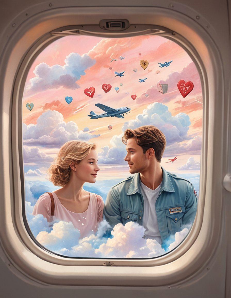 A romantic couple gazing out of an airplane window, surrounded by dreamy cloud formations that transform into various landmarks symbolizing travel memories. In the foreground, illustrated icons of different insurance options (like hearts, shields, and airplane tickets) float gently, suggesting peace of mind. Soft pastel colors enhance the dreamy feel, inviting viewers to explore their adventures with confidence. watercolor style. dreamy atmosphere.