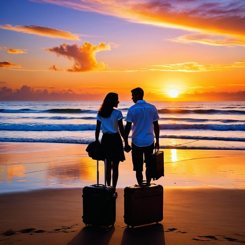 A romantic couple standing on a beautiful beach, holding hands with a suitcase labeled 'Adventure Awaits' beside them. In the background, a clear blue sky and gentle waves symbolize travel, while abstract icons of insurance policies float around them, blending love and security. Warm sunset colors create a dreamy atmosphere. super-realistic. vibrant colors.