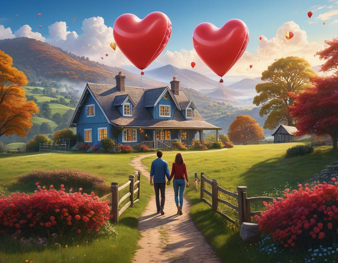 A romantic scene depicting a couple holding hands in a beautiful landscape, surrounded by heart-shaped balloons drifting in a clear blue sky. In the background, a cozy cottage and rolling hills symbolize a perfect getaway, infused with soft lighting that evokes warmth and affection. Include subtle icons representing various types of insurance like travel, health, and adventure. super-realistic. vibrant colors. dreamy atmosphere.